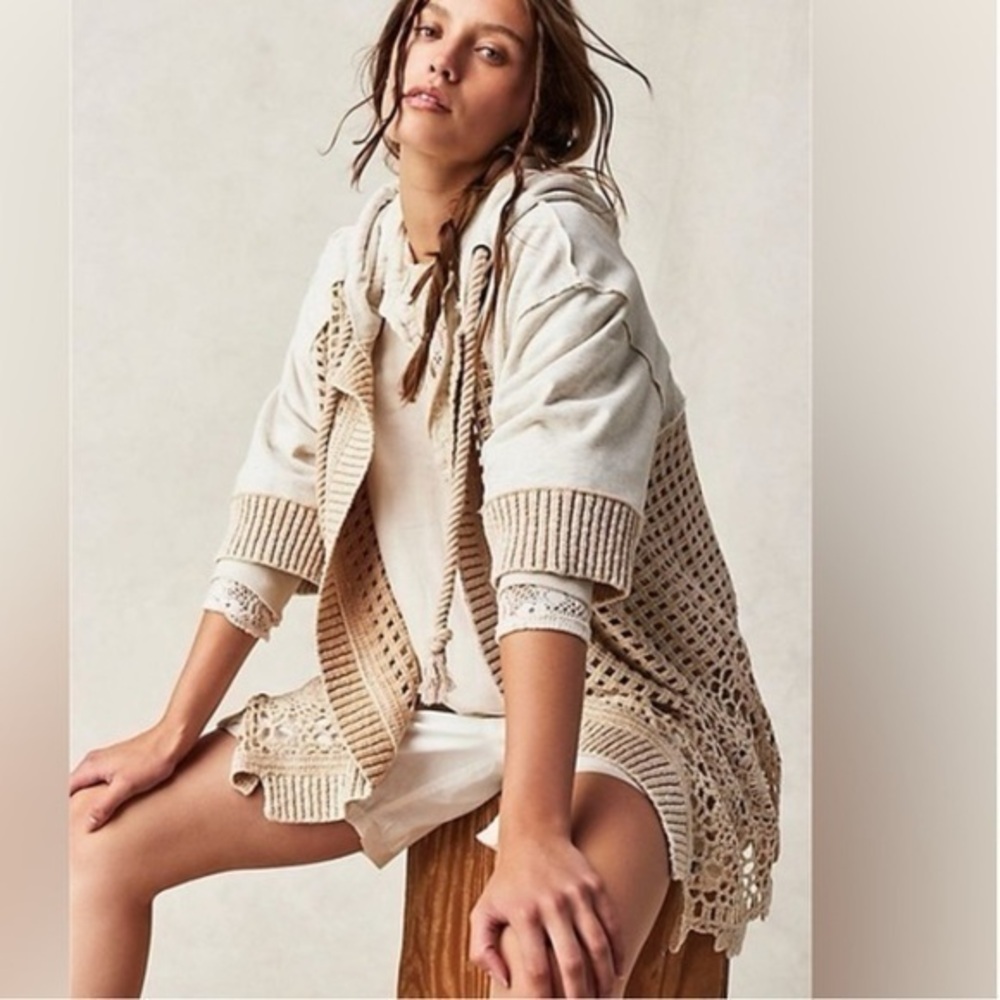 FREE PEOPLE Light Sand Beach Club Hooded Cardigan